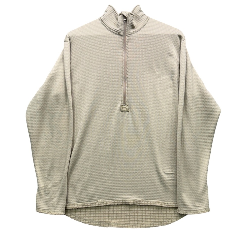 US Army Waffle Top Grid 1/4 Zip Pullover Mens Large Tan Long Sleeve Thermal